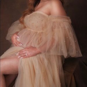 Maternity Pearl & Tule Gown Dress - Champagne Color